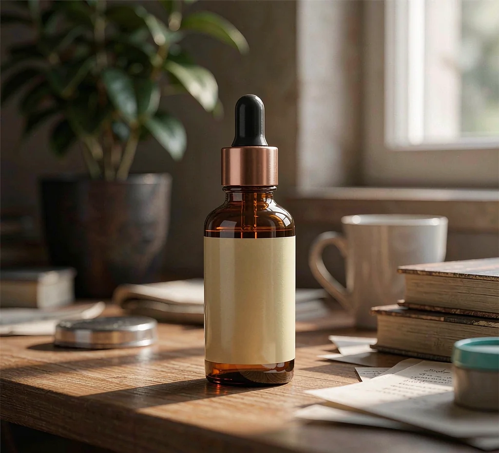 Before: an amber serum bottle photographed on a cluttered desk with a plant, stacked books, and a coffee mug behind it
